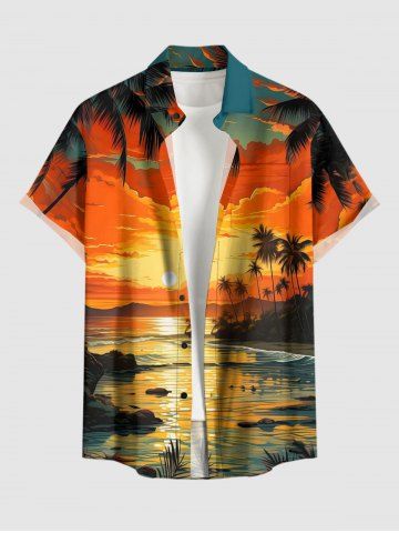 Plus Size Coconut Tree Sun Cloud Seascape Print Buttons Pocket Hawaii Shirt For Men - ORANGE - 6XL