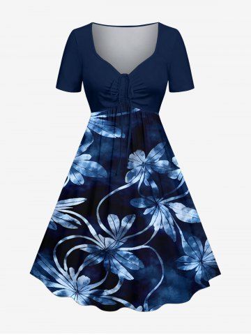 Plus Size Flowers Leaf Tie Dye Print Cinched Hawaii Dress - CADETBLUE - XXS
