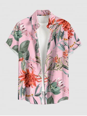 Plus Size Flowers Leaf Print Buttons Pocket Hawaii Shirt For Men - PINK - 2XL