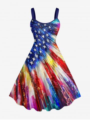 Plus Size Patriotic American Flag Painting Print A Line Dress - BLUE - 6X