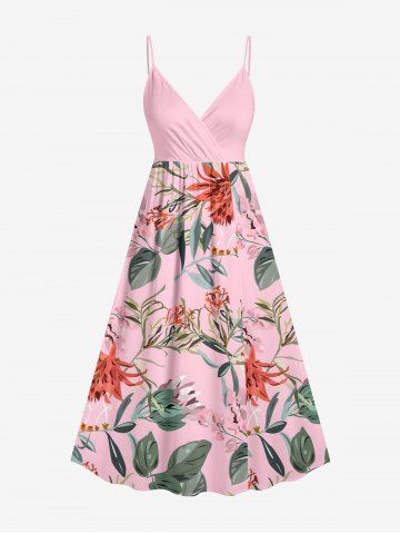 Plus Size Flowers Leaf Print Surplice Hawaii Cami Dress - PINK - M
