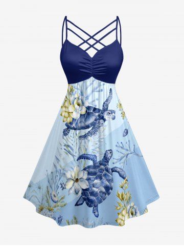 Plus Size Flower Turtle Coral Print Hawaii Sea Creatures Ruched Crisscross Strappy A Line Cami Dress - LIGHT BLUE - XXS