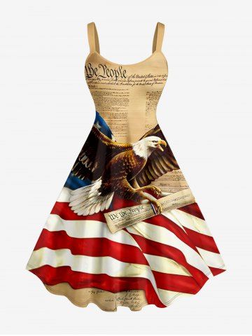 Plus Size Patriotic American Flag Eagle Newspaper Print Tank Dress - LIGHT COFFEE - XXS