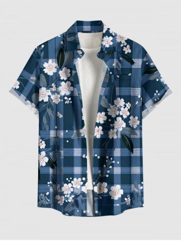 Plus Size Flower Leaf Plaid Print Hawaii Button Pocket Shirt For Men - BLUE - S