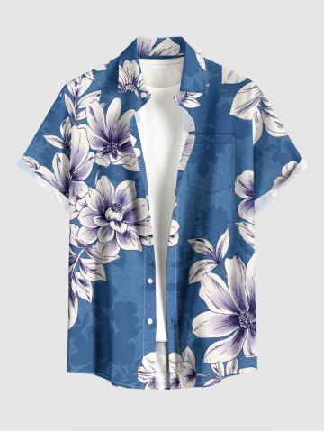 Plus Size Flower Leaf Print Hawaii Button Pocket Shirt For Men - BLUE - S