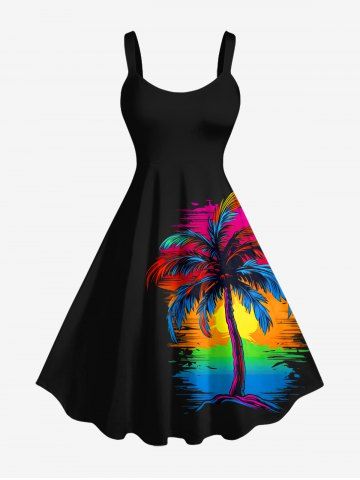 Plus Size Colorful Coconut Tree Sun Print Hawaii Tank Dress - BLACK - XXS