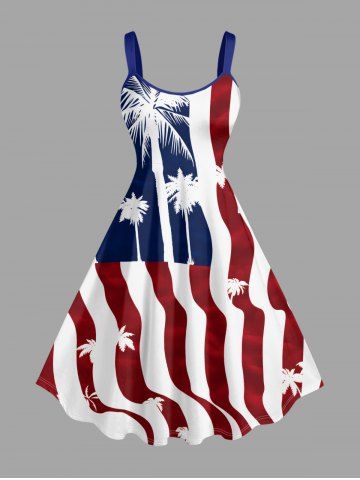 Plus Size Coconut Tree Patriotic American Flag Print A Line Dress - DEEP BLUE - XXS