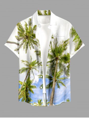 Plus Size Coconut Tree Sky Print Hawaii Button Pocket Shirt For Men - WHITE - 3XL