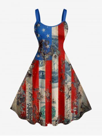 Plus Size Patriotic American Flag Currency Print A Line Dress - RED - L