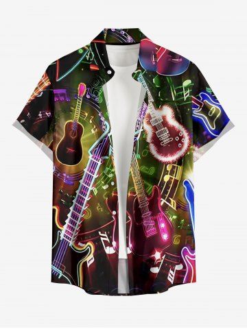 Plus Size Guitar Music Symbol Rock and Roll Print Hawaii Button Pocket Shirt For Men - BLACK - M