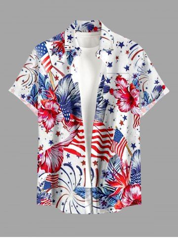 Plus Size Patriotic American Flag Fireworks Hibiscus Flower Print Buttons Pocket Shirt For Men - BLUE - 6XL