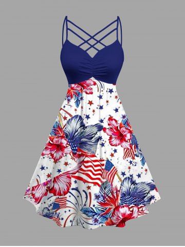 Plus Size Patriotic American Flag Fireworks Hibiscus Flower Print Ruched Lattice Crisscross Straps Dress - BLUE - XS
