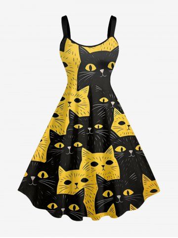 Robe trapèze hawaïenne bicolore à imprimé chat grande taille - YELLOW - 5X