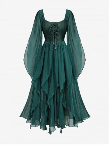 Plus Size Lace Up Grommets Ruffles Zipper Split Sleeves Chiffon Dress - DEEP GREEN - L | US 12