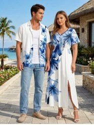 Flowers Print Matching Hawaii Beach Outfit For Couples - Bleu 