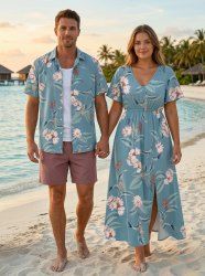 Flowers Leaf Print Matching Hawaii Beach Outfit For Couples -  