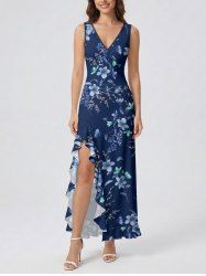 Flower Leaf Branch Print Hawaii Ruffles Split Dress - Bleu profond M