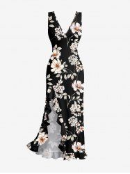 Flowers Leaf Print Hawaii Ruffles Split Surplice Dress - Noir XL