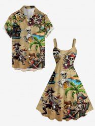 Skulls Skeleton Pirate Coconut Tree Beer Print Matching Hawaii Beach Outfit For Couples -  