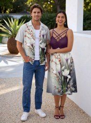 Flower Plant Branch Print Matching Hawaii Beach Outfit For Couples - Pourpre  