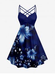 Plus Size Flowers Print Ruched Lattice Crisscross Straps Hawaii Dress - Bleu profond 4X