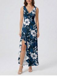 Flowers Leaf Print Hawaii Ruffles Split Surplice Dress - Cadetblue XL