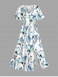 Flowers Leaf Print Split Hawaii Midi Dress -  