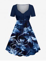Flowers Leaf Tie Dye Print Cinched Hawaii Dress -  
