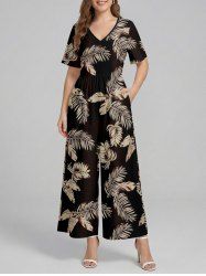 Tropical Leaf Print V Neck Hawaii Wide Leg Jumpsuit -  