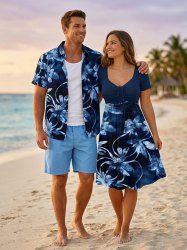 Flowers Leaf Tie Dye Print Matching Hawaii Beach Outfit For Couples -  