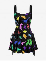 Colorful Dinosaur Print Hawaii Lace Up A Line Dress - Noir XS