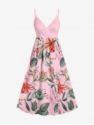 Plus Size Flowers Leaf Print Surplice Hawaii Cami Dress - Rose  XXS