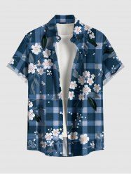 Plus Size Flower Leaf Plaid Print Hawaii Button Pocket Shirt For Men - Bleu 3XL