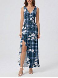 Flower Leaf Plaid Print Hawaii Ruffles Split Dress - Bleu S
