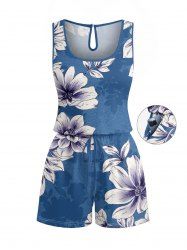 Plus Size Flower Leaf Print Hawaii Drawstring Pocket Romper -  