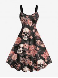 Plus Size Flowers Skulls Print Hawaii Tank Dress - Noir S