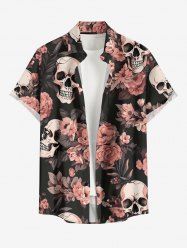Plus Size Flowers Skulls Print Buttons Pocket Hawaii Shirt For Men -  