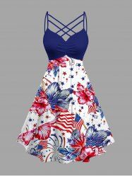 Plus Size Patriotic American Flag Fireworks Hibiscus Flower Print Ruched Lattice Crisscross Straps Dress -  