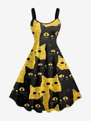 Robe trapèze hawaïenne bicolore à imprimé chat grande taille - Jaune 4X