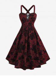 Plus Size Glitter Flower Flocking Lace Patchwork Crisscross Strappy A Line Cami Dress -  