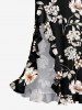 Flowers Leaf Print Hawaii Ruffles Split Surplice Dress - Noir XL