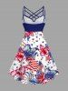 Plus Size Patriotic American Flag Fireworks Hibiscus Flower Print Ruched Lattice Crisscross Straps Dress -  