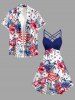 Plus Size Patriotic American Flag Fireworks Hibiscus Flower Print Ruched Lattice Crisscross Straps Dress -  