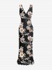 Flowers Leaf Print Hawaii Ruffles Split Surplice Dress - Noir XL