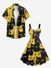 Robe trapèze hawaïenne bicolore à imprimé chat grande taille - Jaune 4X