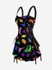 Colorful Dinosaur Print Hawaii Lace Up A Line Dress - Noir XS