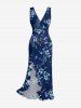 Flower Leaf Branch Print Hawaii Ruffles Split Dress - Bleu profond M