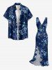 Flower Leaf Branch Print Hawaii Ruffles Split Dress - Bleu profond M