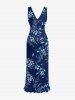 Flower Leaf Branch Print Hawaii Ruffles Split Dress - Bleu profond M