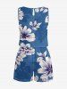 Plus Size Flower Leaf Print Hawaii Drawstring Pocket Romper -  